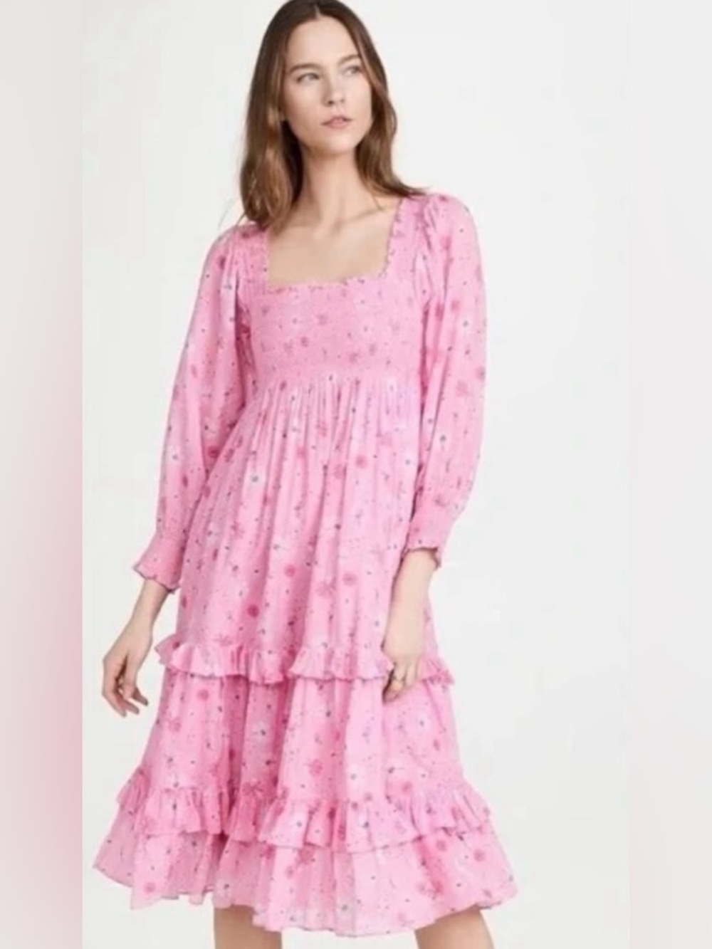 LoveShackFancy Pink Floral Midi Dress